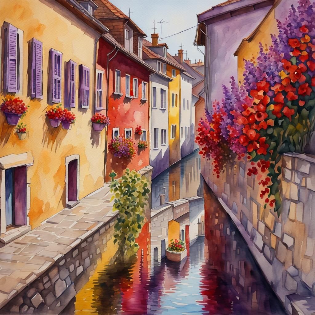 European Town Watercolor with Flowers and Intricate Details