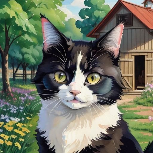 Cute Cat at Farm in Gouache Impressionist Style
