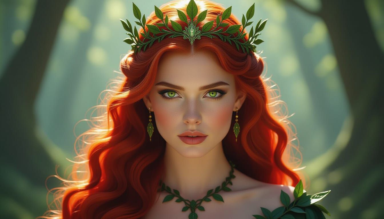 Forest Queen with Leaf Tiara and Red Hair