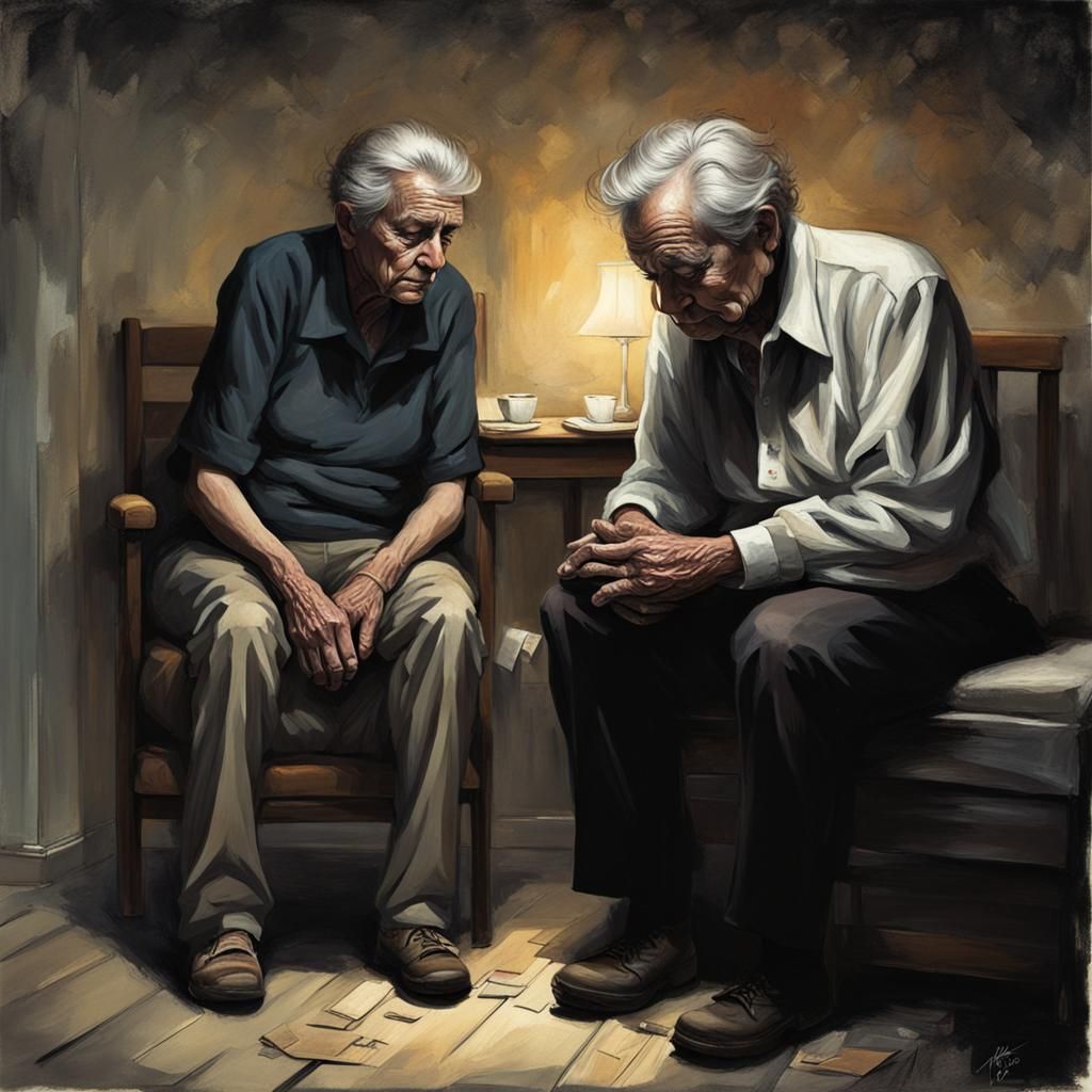 Bereaved Son Comforted in Dark Room