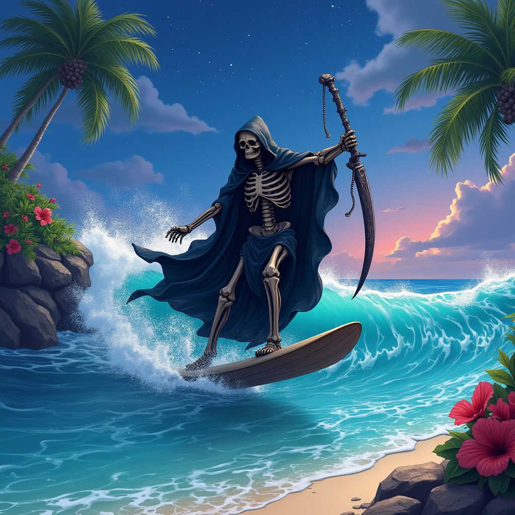 Grim Reaper Surfing in Hawaii Under Starry Sky