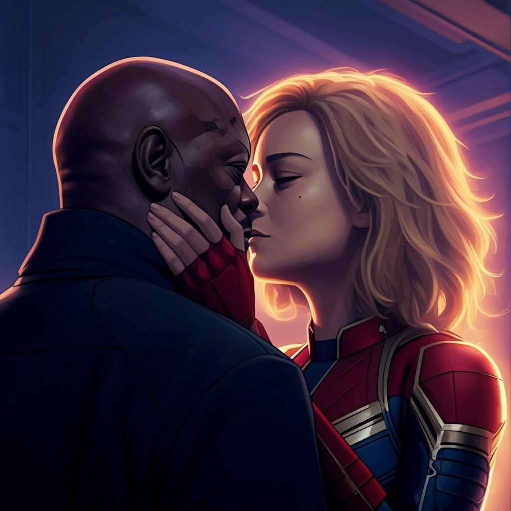 Carol Danvers stealing a kiss from Nick Fury.