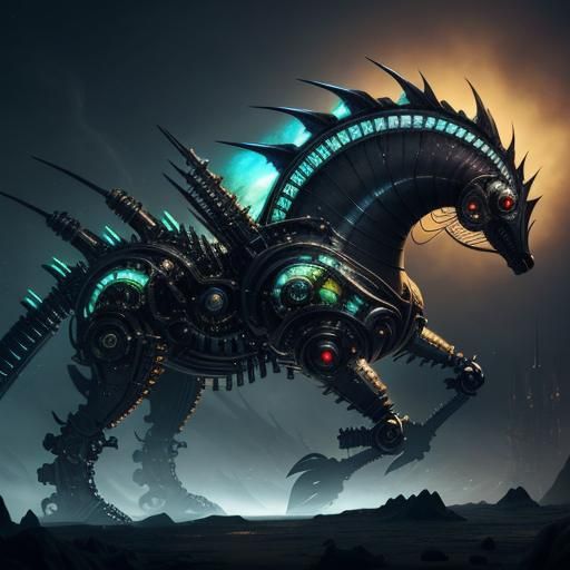 Steampunk Seahorse with Iridescent Scales in Sci-Fi Style