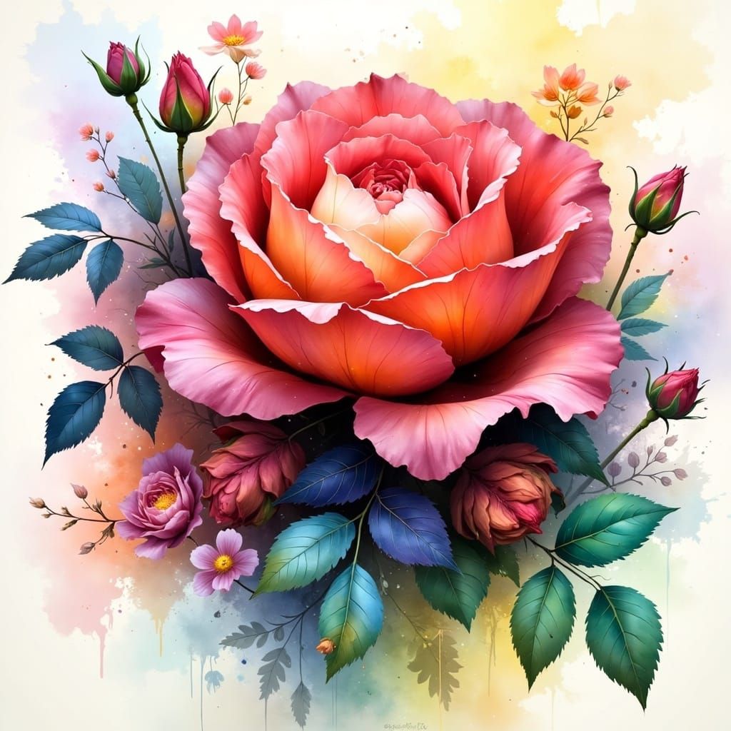 Whimsical Burgundy and Pink Rose Double Exposure in Vibrant...
