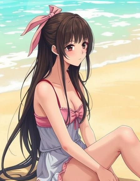 Anime Girl on Beach with Pink Ribbon