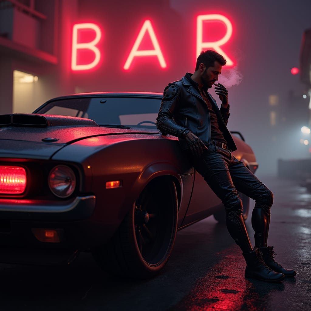 Cyberpunk Man with Robotic Arm Leans on Car