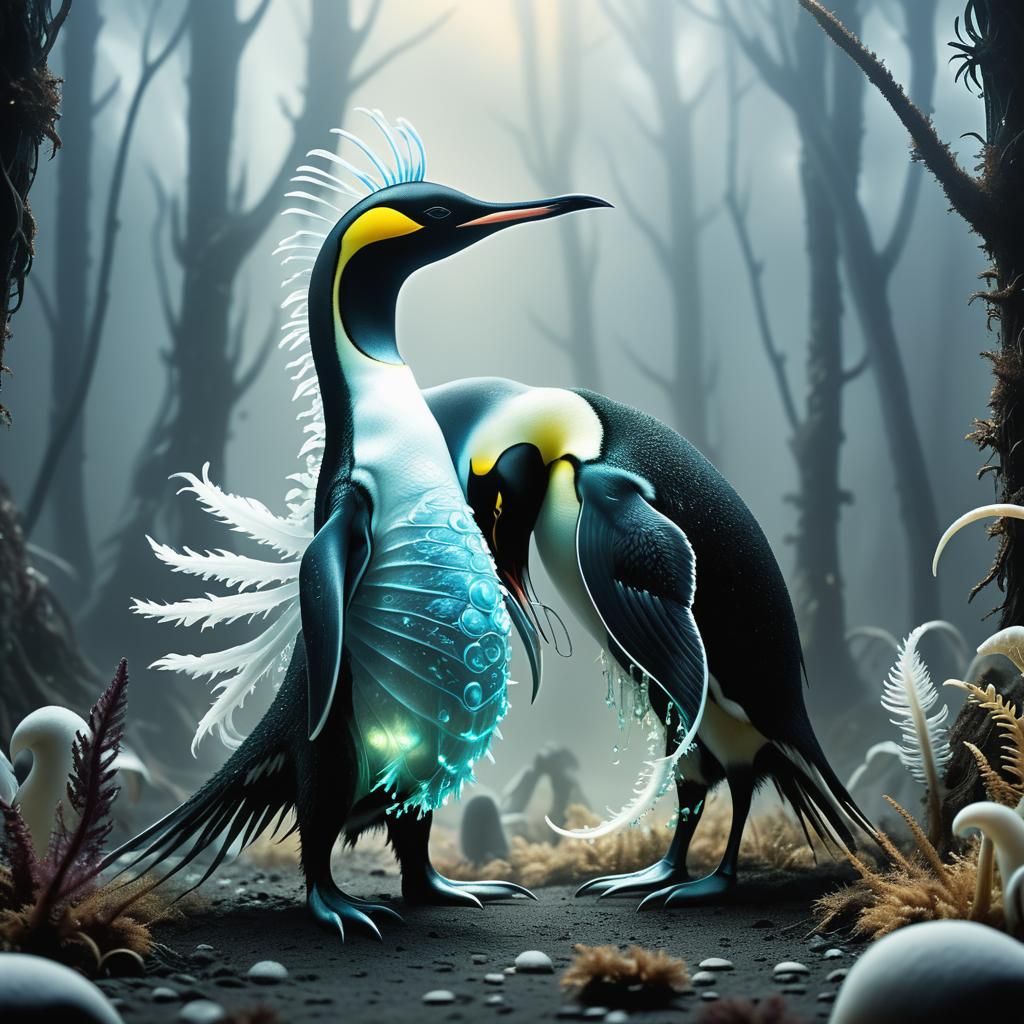 Exoplanetary Creature Inspects Bioluminescent Plant in Misty...