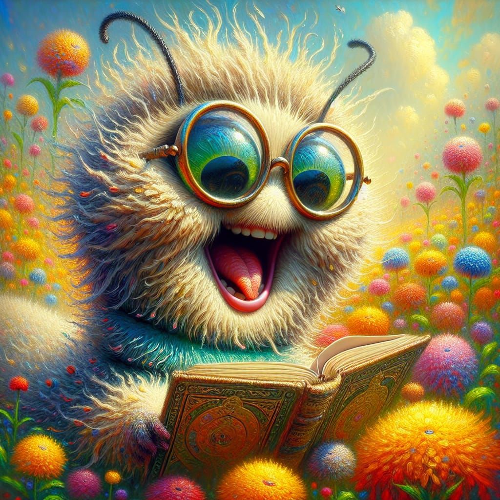 Surreal Fuzzy Caterpillar Reads Vintage Book in Vibrant Mead...
