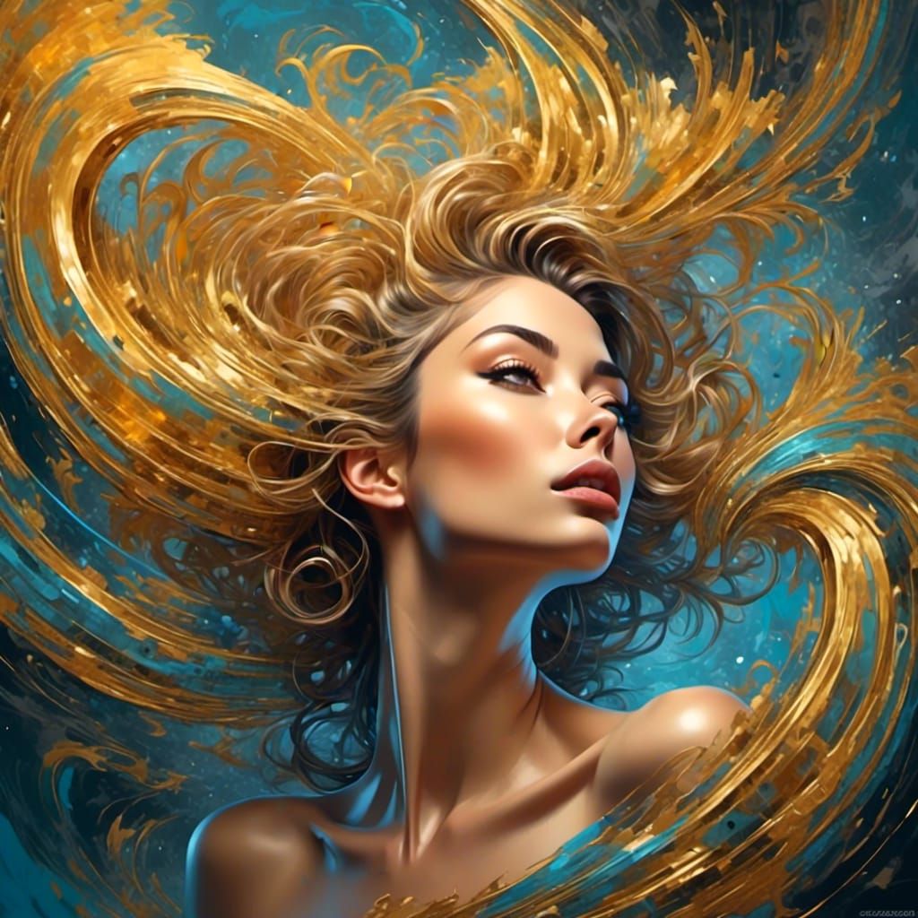Dynamic Cartoon Portrait with Golden Abstract Swirls