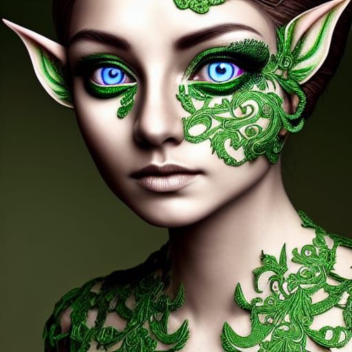 Beautiful Elf in Green Lace Dress