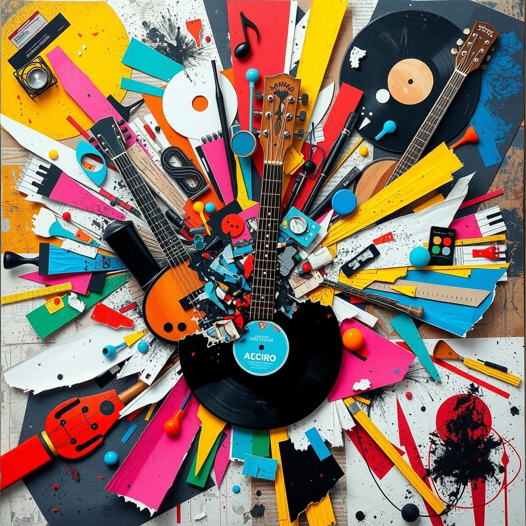 Exploding Music Collage: Instruments, Sound Waves, Vinyl