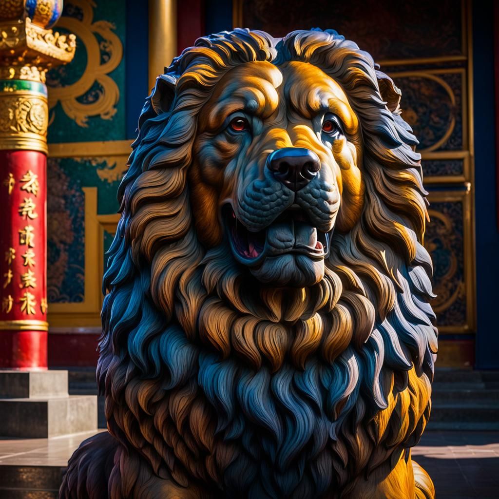 Crystal Tibetan Mastiff Statue at Temple Entrance