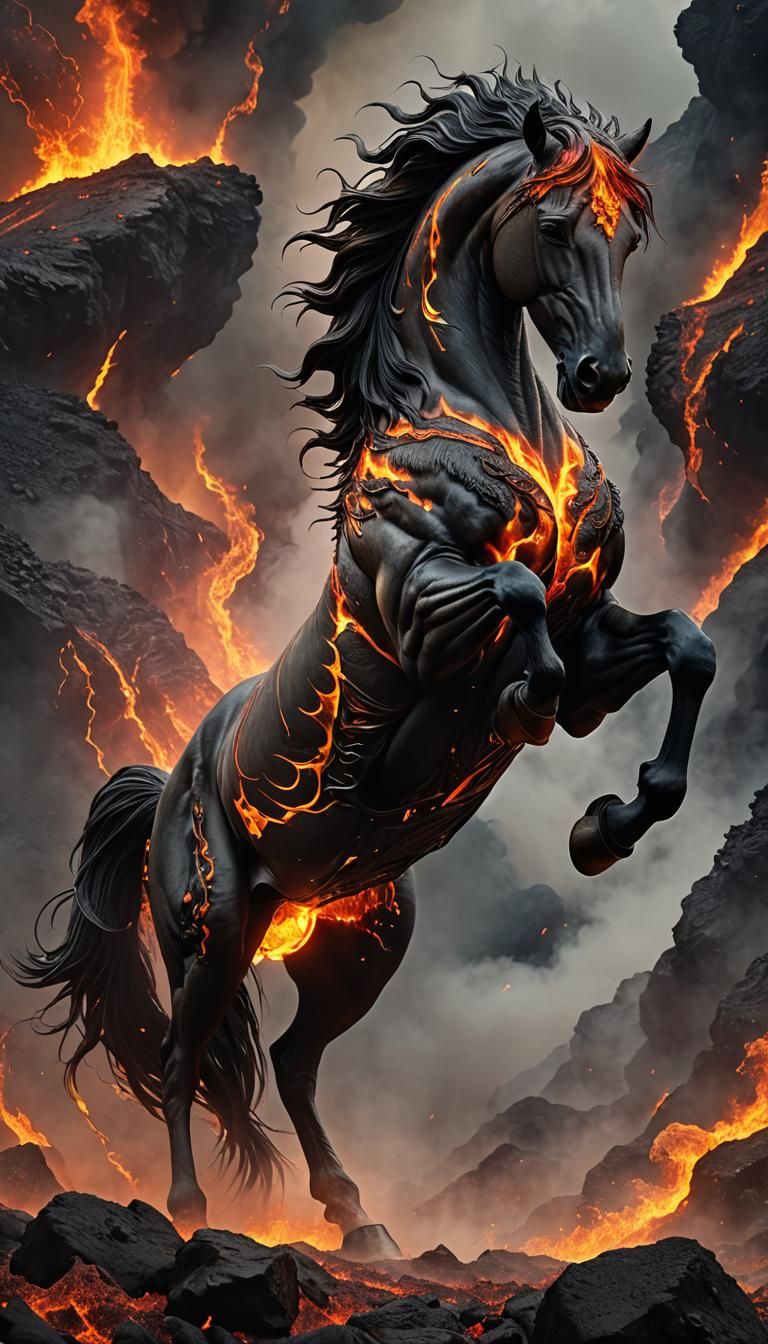 A mesmerizing 3D render of a mythical volcanic horse,