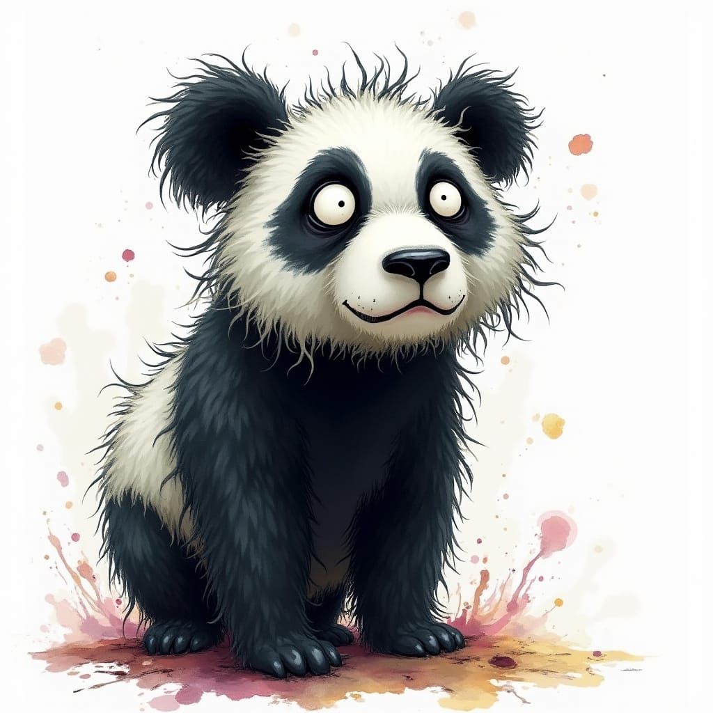wide-eyed, scraggly panda