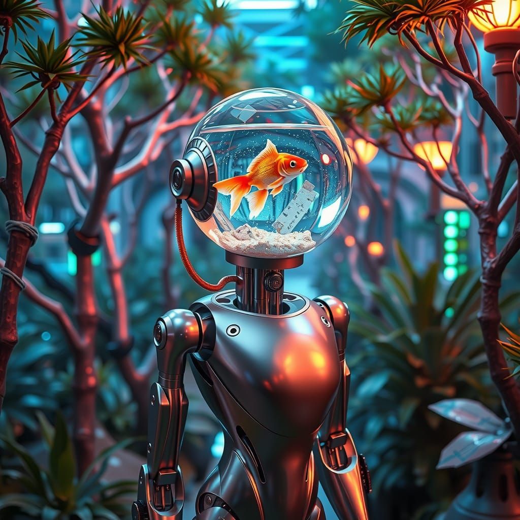 Robot in Cyberpunk Garden with Aquatic Head