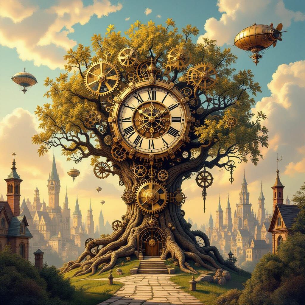 Surreal Clockwork City Tree with Brass Leaves