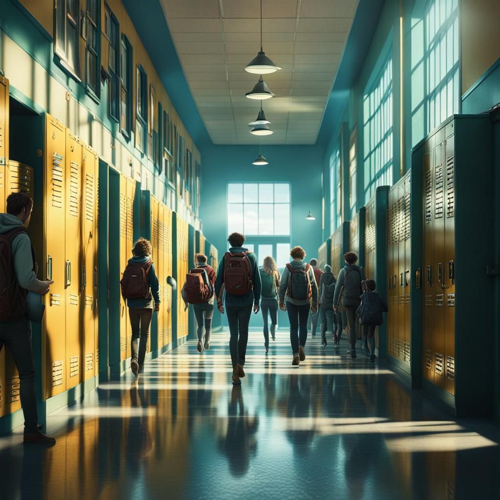 Busy School Hallway in Dramatic Golden Hour Lighting