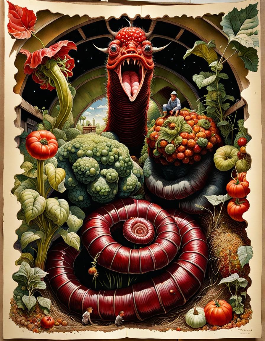 Surrealistic Farm Life with Chibi Monster in Atompunk Style