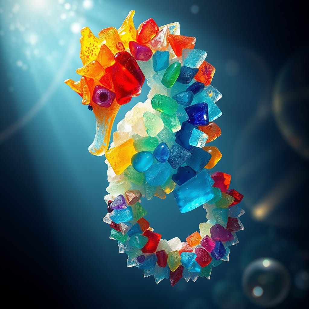 Colourful Sea Glass Seahorse Sculpture in Ocean Depths