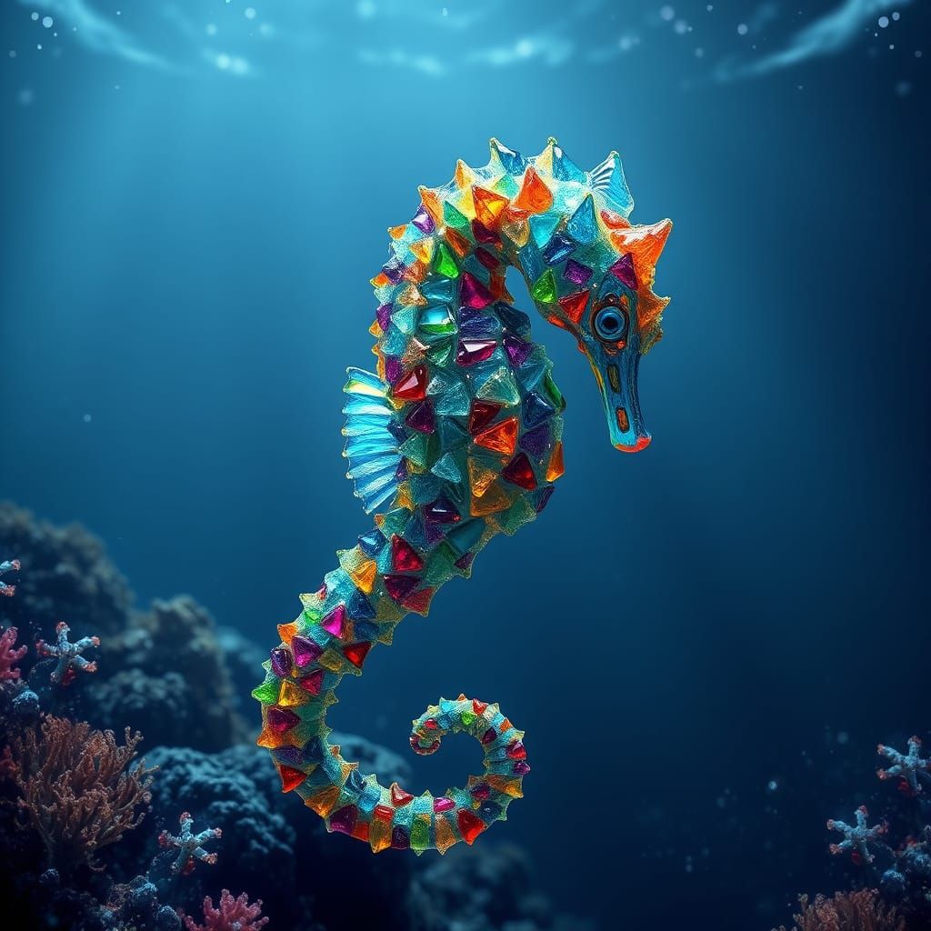 Seahorse of Colourful Sea Glass in Deep Ocean