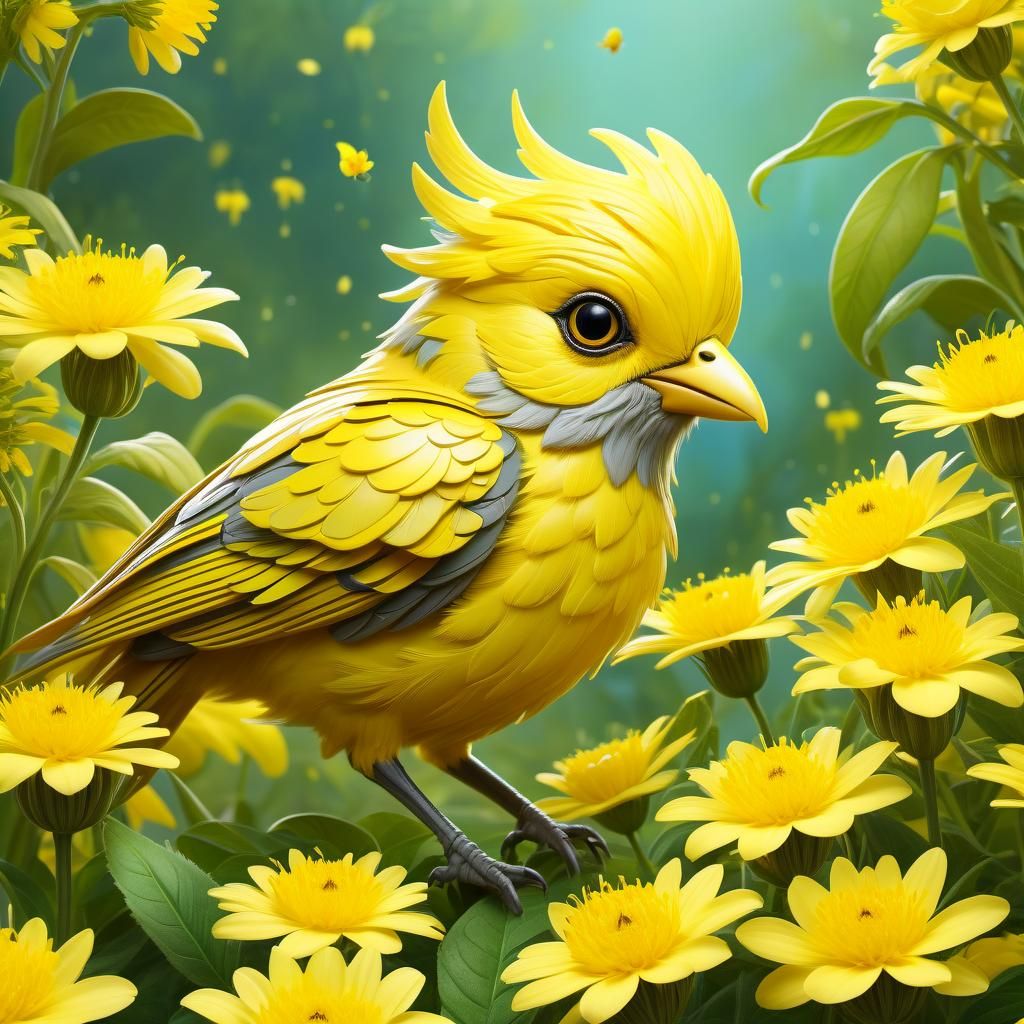 Whimsical Yellow Bird in Enchanted Fantasy World