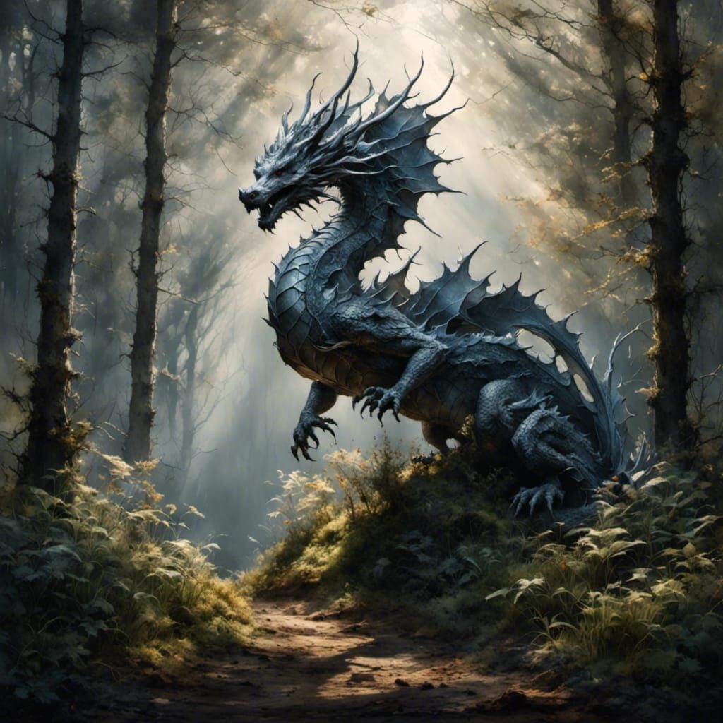 Dragon Statue in Forest with Overgrown Plants