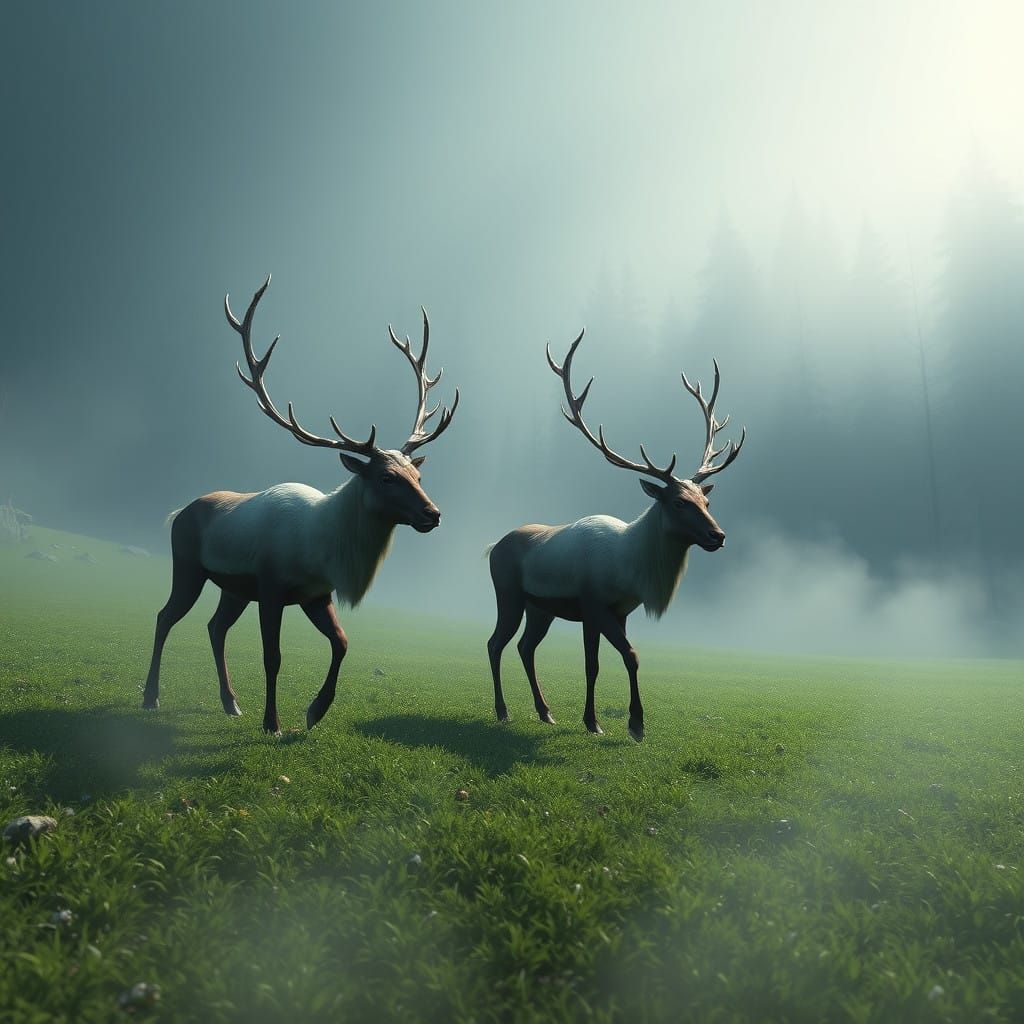 Majestic Reindeer Emerge from Misty Veil into Ancient Realm