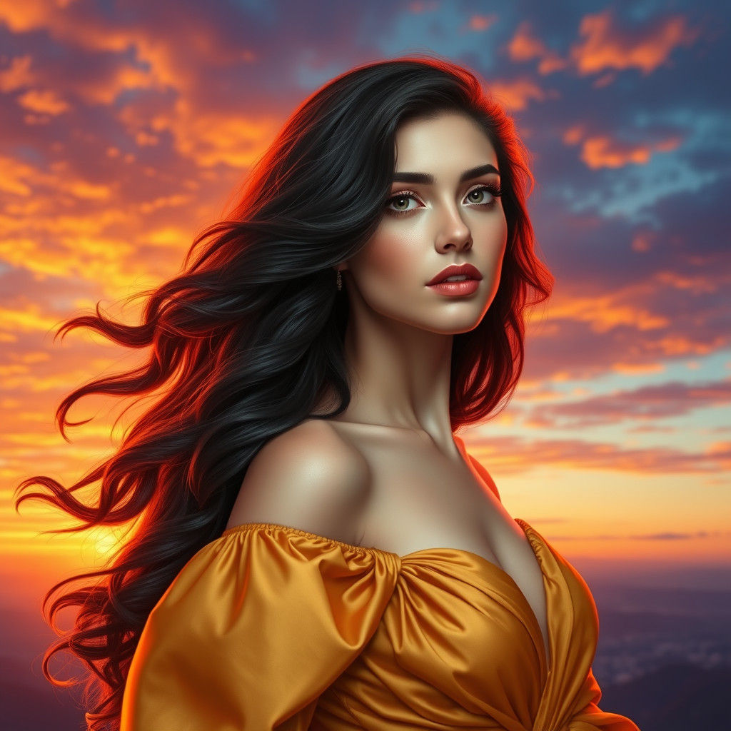 Dreamy Woman Portrait at Sunset in Romantic Style