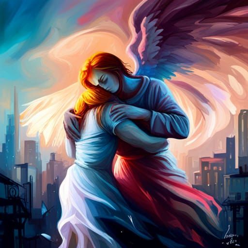 Guardian Angel Comforting Woman in Graffiti Art