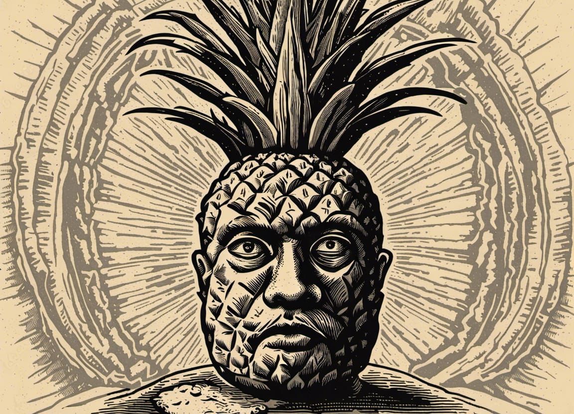 Monochrome Woodcut of Pineapple with Human Face