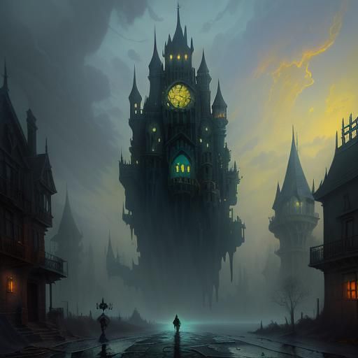 Surreal encounter with an evil levitating goblin on a deserted street surrealism Salvador Dali matte background melting ...