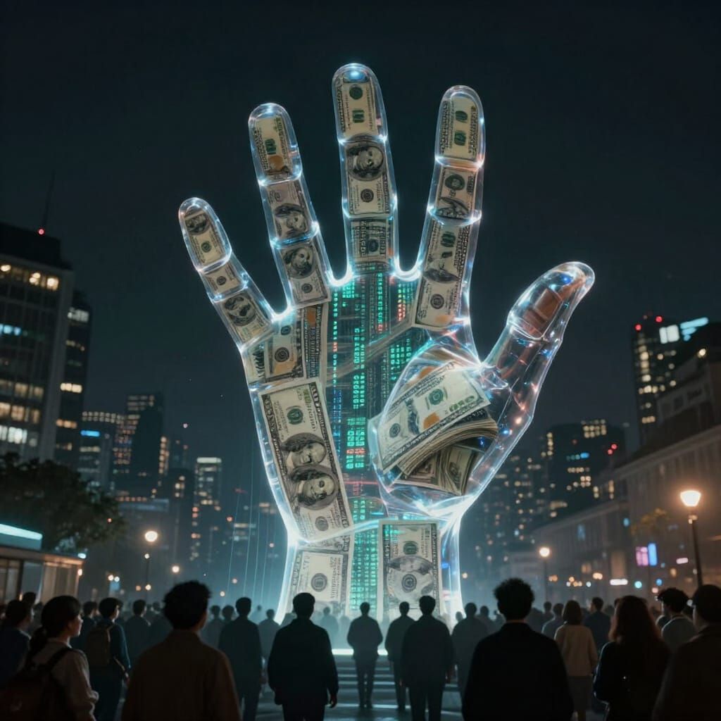 Surreal Hand of Data Looms Over Unaware City