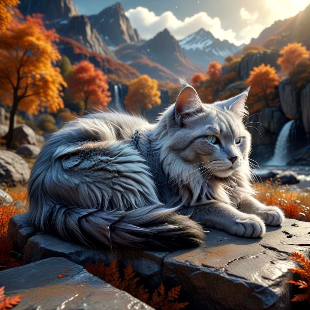 Gigantic Silver Cat Sleeping in Space Landscape