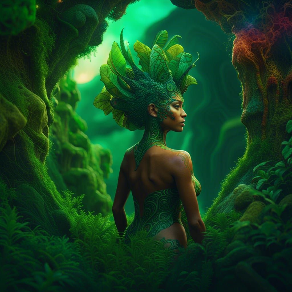 Psychedelic Woman in Green Nature Theme