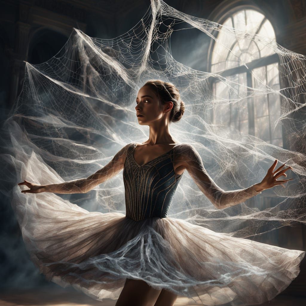 Ethereal Ballerina Woven from Spider Webs in Dramatic Light