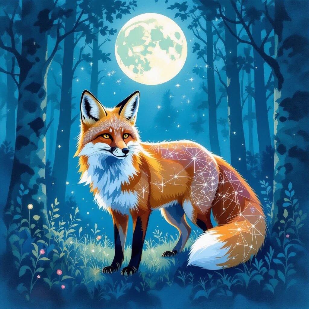 Fox with Constellation Patterns in Moonlit Forest