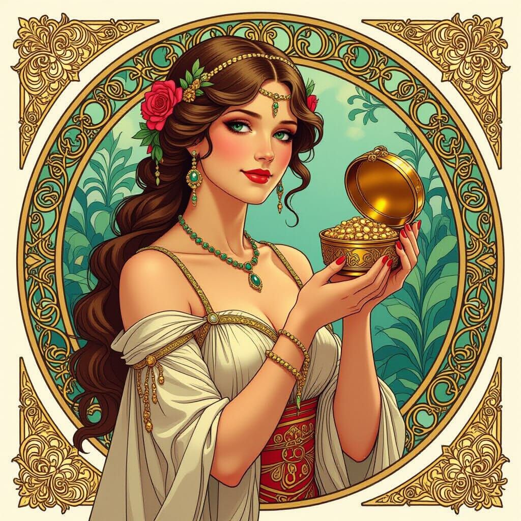 Elegant Woman Holding Treasure as Art Nouveau