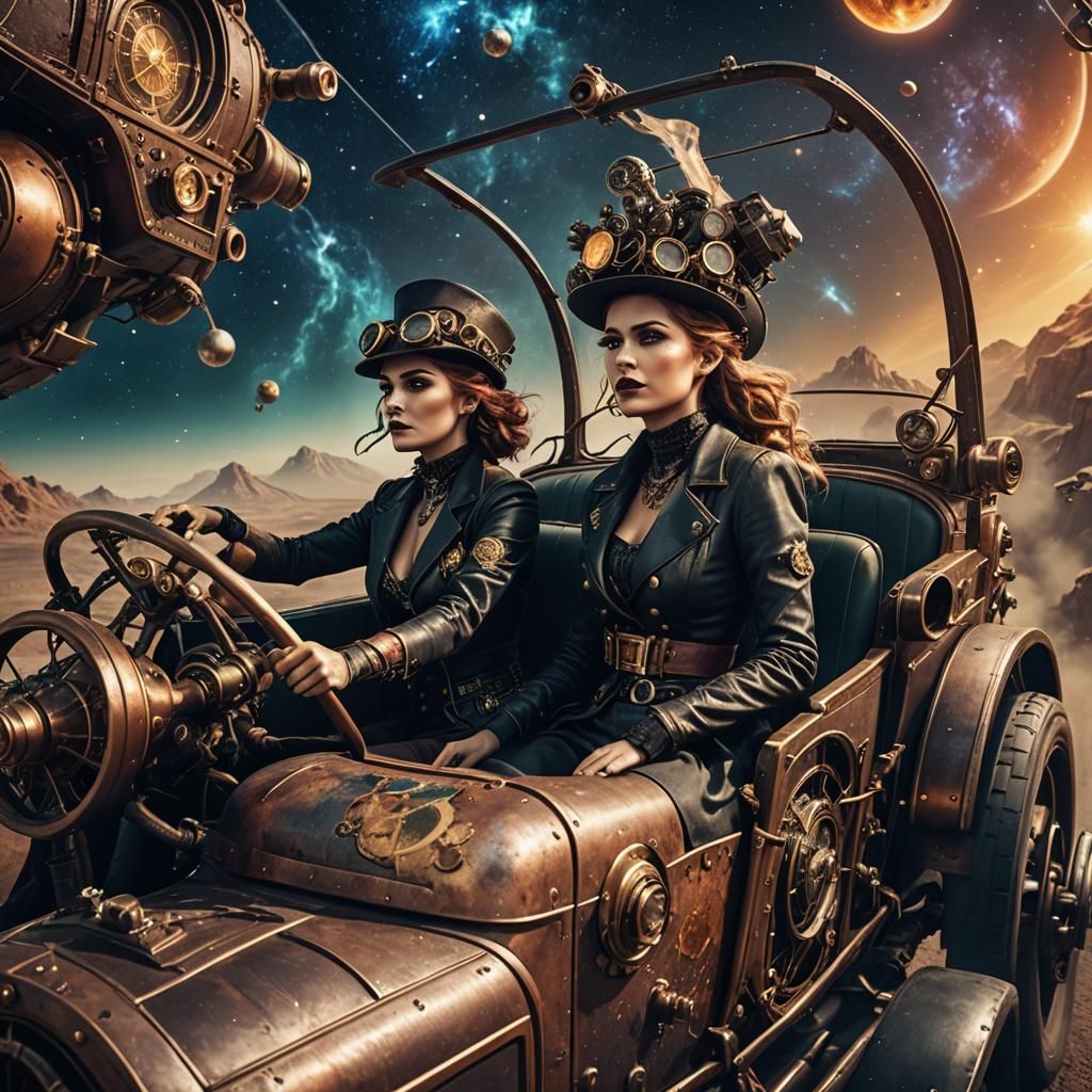 Steampunk Rat Rod Soaring Through Space: Detailed Matte Pain...