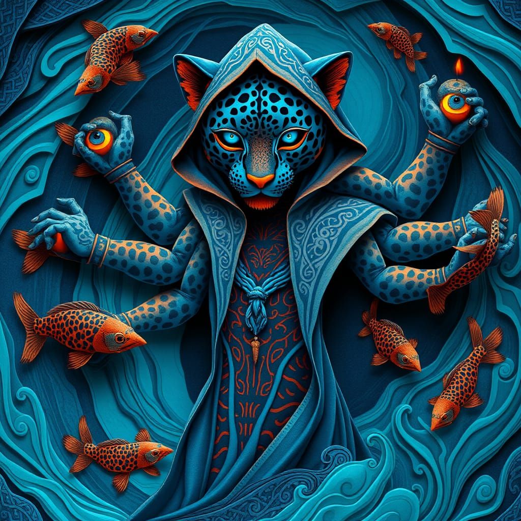 Blue Leopard Woman in Teal Vortex, Papercraft Style