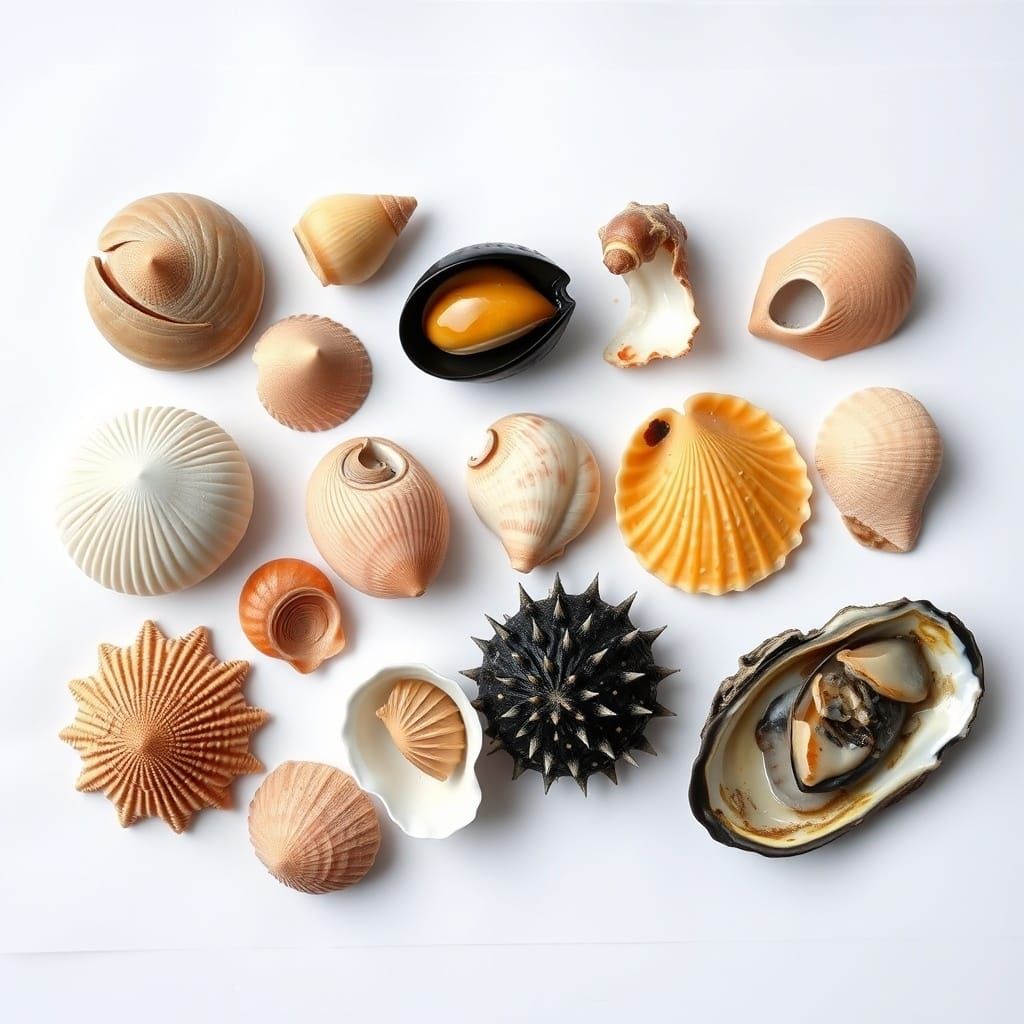 Hyperrealistic Seashell Collection on White Paper