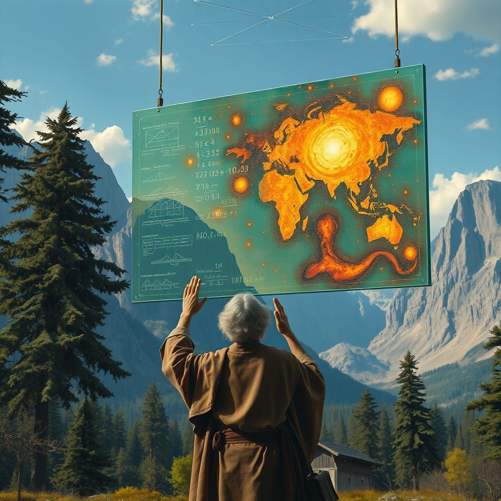 Wise Scholar Examines Transparent Screen with Math