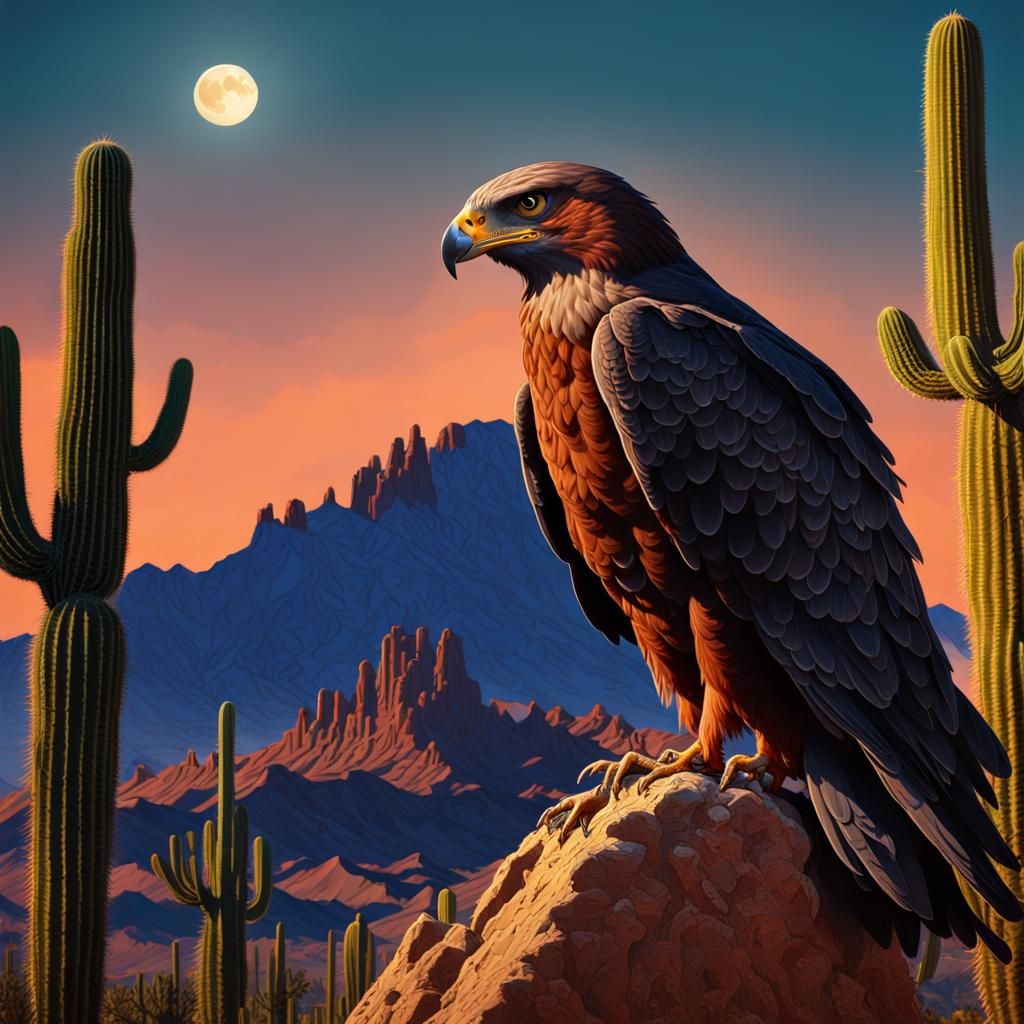 Harris Hawk and Moon Over Saguaro Cactus