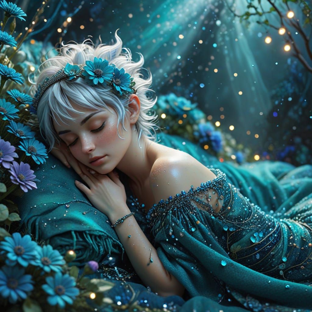 Adorable Pixie Sleeping Among Flowers in Fantasy Art