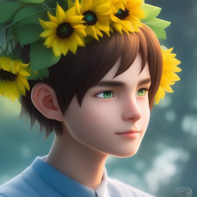 Ukrainian Boy Anime Style with Sunflower Wreath