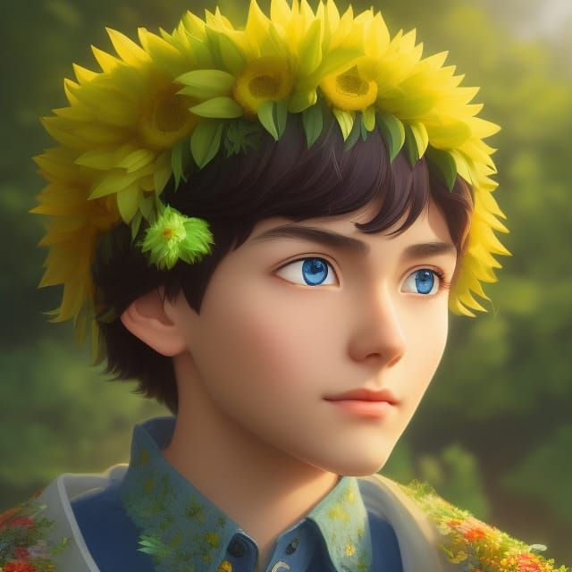 Ukrainian Boy Anime Style with Sunflower Wreath