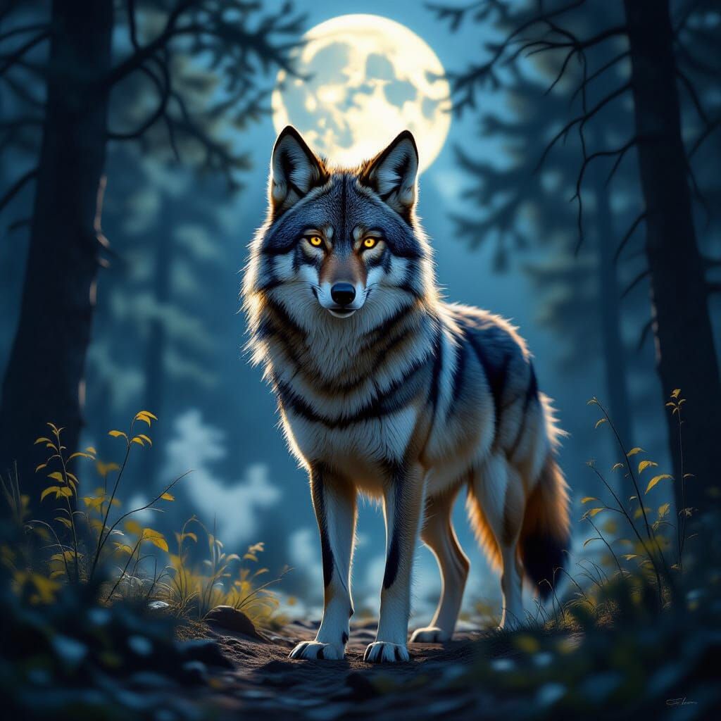 Majestic Hybrid Coyote Wolf in Moonlit Forest