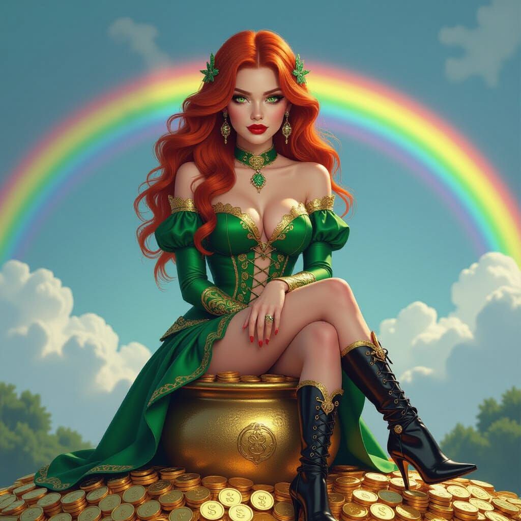 Stunning Female Leprechaun on Pot of Gold