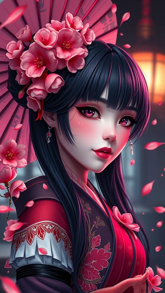 Cyberpunk Geisha Portrait in Vibrant Sakura Colors