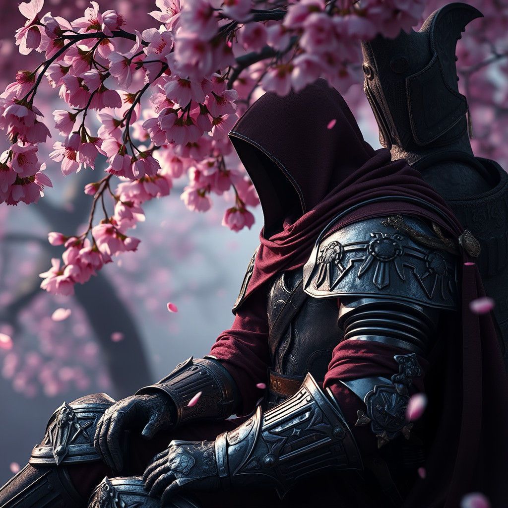 Knight Under Cherry Blossom Tree: Artstation Style