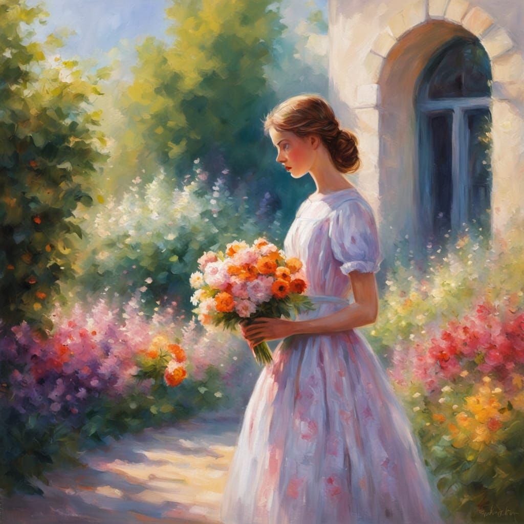 Impressionist Oil Painting of a Woman in a Lush Garden